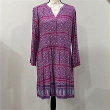 Old Navy Dresses | Womans Old Navy Long Dress Long Sleeve Fuchsia And Blue Size Large | Color: Blue/Pink | Size: L