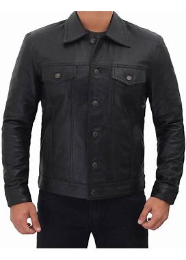 Mens Real Leather Black Trucker Jacket - Black Leather Button Down Jacket For Men - Shirt Collar Black Jacket