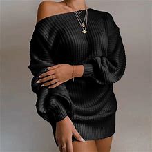 Off-Shoulder Women's Knitted Sweater Dress Black / M
