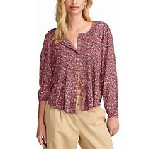 Lucky Brand Printed Button Down Pintuck Top Women's Clothing Rum Raisin : MD (US 8-10)