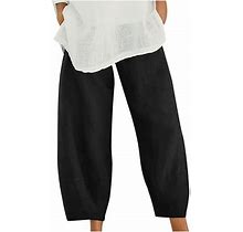 Women's Wide Leg Cotton Linen Pants Elastic High Waist Casual Solid Color Plus Size Cropped Trousers With Pockets