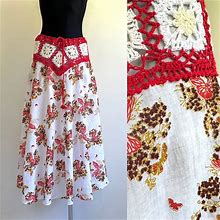 Vintage Hand Made Ankle Long Skirt Butterfly Crochet Waist Summer Cotton White Red Gold Skirt High Waisted Festival Skirt Size M-XL