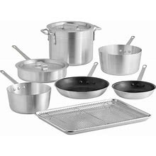 Choice 10-Piece Aluminum Cookware Set With 2 Sauce Pans, 3.75 Qt. Sauté Pan With Cover, 8 Qt. Stock Pot With Cover, 2 Fry Pans, And 13" X 18" Bun Pan With Cooling Rack