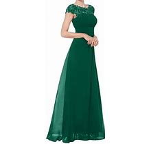 Valmass Formal Gowns And Evening Dresses Lace Short Sleeve Backless Elastic Waist Dress Ladies Elegant Porm Dress (L, Green)