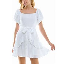 Trixxi Juniors' Tie-Waist Fit & Flare Ruffled Dress - White - Size L