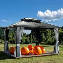 10'X13'hard Top Gazebo Patio Pavilion Double Room PC Roof Canopy Outdoor Aluminu
