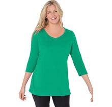 Plus Size Women's Perfect Three-Quarter Sleeve V-Neck Tee By Woman Within In Tropical Emerald (Size 3X) Shirt