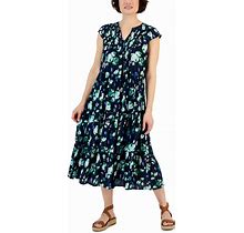 Style & Co Women's Printed Ruffled Shine Midi Dress, Created For Macy's - Floral Blue - Size M