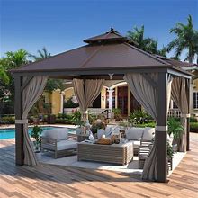 YOLENY 12'X12' Hardtop Gazebo With Galvanized Steel Double Roof, Pergolas Aluminum Frame, Netting And Curtains Included, Metal Outdoor Gazebos For Ga