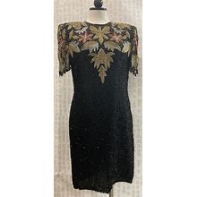 Vintage Women Black Silk Gold Silver Beaded Short Sleeve Shift Dress Size PXL