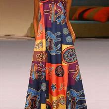Chevron Print Dress, Women's Ethnic Vintage Sleeveless Summer Maxi Dress With Pockets Women's Clothing V Neck Dress,Orange,Must-Have,Temu