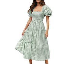 Ussuma Puff Sleeve Square Neck Maxi Summer Dresses For Women 2022 Bohemian Plaid Long Sundresses For Women Beach Flowy A Line Swing Smocked Tiered Plu