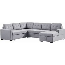 Lilola Home - Selene Light Gray Linen Fabric Sleeper Sectional Sofa With Storage Chaise - 89129