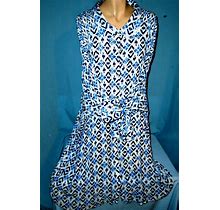 ROAMAN's 36W Blue/White Designed TUNIC TOP Or DRESS .LS Folded In Front. Rayon