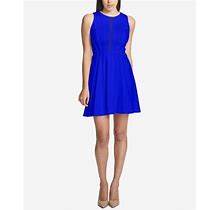 $230 Guess Womens Blue Mesh V Sleeveless Short Fit N Flare Dress Size