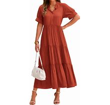 Dowerme Women's Summer Dresses 2024 Casual Short Sleeve Button Loose Fit Pleated Boho Flowy Swing Long Beach Sun Dress