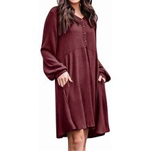 Hubery Women Long Sleeve Solid Color Pockets Ruching Buttons Mini Dress