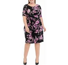 Women's Connected Apparel Plus Elbow Sleeve Floral Print Side Ruched Sheath Dress, Lilac 20W