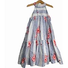 Avaandyelly Dresses | Ava & Yelly Girls Shift Dress White Blue Striped Floral Embroidered Keyhole 7 | Color: White | Size: 7G