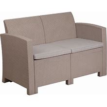 Merrick Lane Outdoor Furniture Resin Loveseat Light Gray Faux Rattan Wicker Pattern 2-Seat Loveseat With All-Weather Beige Cushions