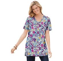 Plus Size Women's Perfect Printed Short-Sleeve Shirred V-Neck Tunic By Woman Within In Heather Grey Field Floral (Size 2X)