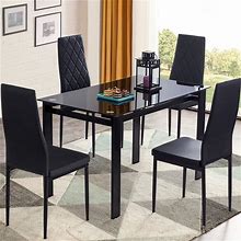 Recaceik 5 Pieces Modern Dining Table Set For 4, Rectangle Glass Table And 4 PU Leather Kitchen Dining Room Chairs With Metal Frames, Dining Room