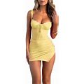 Women Lace Trim Bandage Ruched Slit Party Mini Dress Summer Sleeveless Tie-Up Party Clubwear
