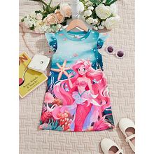 Young Girl's Cute Mermaid Printed Dress,5Y