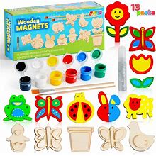 JOYIN 12 Wooden Magnet Creativity Arts & Crafts Painting Kit For Kids, Decorate Your Own Painting Gift For Easter Basket Stuffers, Birthday Parties