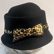Adora 100% Wool Cloche Hat Womens One Size Black Leopard Print Bow Band New