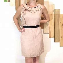 ANN TAYLOR LOFT Soft Pink Lined Silk Scoop-Neck A-Line Midi Dress With Ruffle Accents, Contrasting Black Belt And Back Zipper