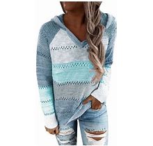 Ehtmsak Womens Sweaters Hoodie V Neck Knit Cute Clothes Striped Color Block Long Sleeve Sweater Pullovers Blue 3X