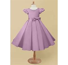 Azazie Ball-Gown Scoop Tea-Length Matte Satin Flower Girl Dresses, Wisteria -Azazie Jewel Flower Girl Dress