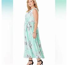 Jessica London Dresses | Jessica London Womens Plus Size Pleated Floral Dark Pastel Green Maxi Dress 28W | Color: Green/White | Size: 28W