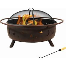 Sunnydaze Cosmic 42-Inch Wood-Burning Steel Fire Pit With Round Spark Screen, Poker, And Built-In Grate - Rust Patina