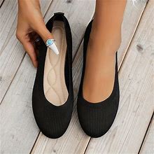 Solid Color Round Toe Flat Shoes, Women's Breathable Flying Woven Casual Slip On Lightweight,Black,Reliable,Temu