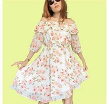 Free Press Shoulder-Less Pastel Floral Ruffle Lined High-Low Dress Ecu
