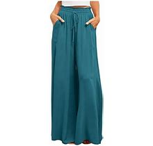 Loopsun Women's Pants, Casual Solid Fashion Elastic Waist Wide Leg Pants With Pocket Blue