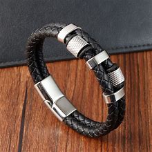Father's Day Gift Men Braided Leather Bracelets Layered Beads Bracelets With Magnetic Clasp Gifts For Him, Silver / 7.5"