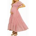 Swiss Dot Maternity Dress, V Neck Ruffle Sleeve Maternity Dresses For Photoshoot Baby Shower, Smocked Tiered Pregnancy Dress