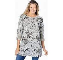 Plus Size Women's Crochet-Trim Three-Quarter Sleeve Tunic By Woman Within In Heather Grey Watercolor Floral (Size 26/28)