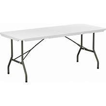 6 ft White Plastic Rectangle Bi-Folding Table - Portable Foldable Heavy-Duty Table - Ideal For Outdoor Events, Parties, Banquets, And Home Use -
