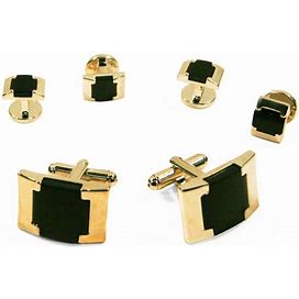 Cristoforo Cardi Black Watch Link Onyx With Gold Edge Studs And Cufflinks Set
