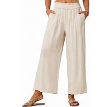 JASAMBAC Women's Capri Linen Wide Leg Pants Summer Boho Wide Leg Pants Smocked High-Rise Waist Casual Beach Pants With Pocket