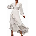 Cyber&Monday Deals Sundresses For Women Casual Summer - Womens Summer Casual Boho Wrap V Neck Long Sleeve Evening Dress Cocktail Party Maxi Wedding Dr
