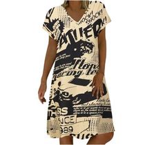 Clearance-Sale Dress For Women 2023 Short Sleeve Printing Floral Pattern Dress V-Neck Midi Fit And Flare Fashion Elegant Party Beach Seaside Boho Home