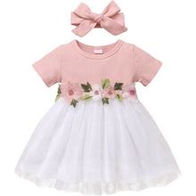 Jdefeg Matching Dresses For Sisters Kids Toddler Kids Girls Floral Ribbed Short Sleeve Mesh Embroidered Tulle Ball Gown Hairband Dress Princess Set Cl
