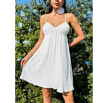 Women's Plain Pleated Sleeveless Dress,M