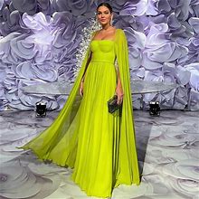 Duricve Luxury Lemon Yellow Chiffon A-Line Evening Dress With Cape Sleeves For Women 2023 Wedding