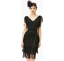 BABEYOND 1920S Flapper Dress V Neck Sequin Beaded Dress Roaring 20S Gatsby Fringe Party Dress